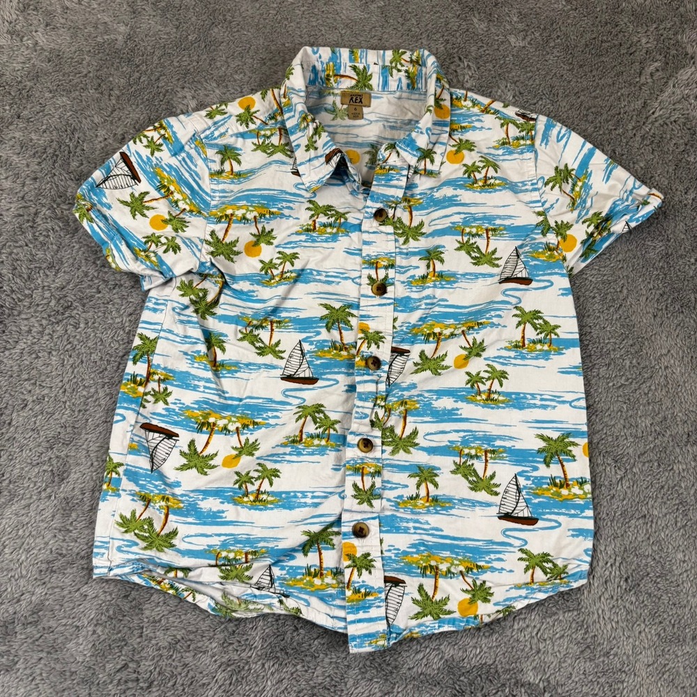 Maximus Rex Boys Tropical Island Palm Tree Sailboat Button Down Shirt Size 6